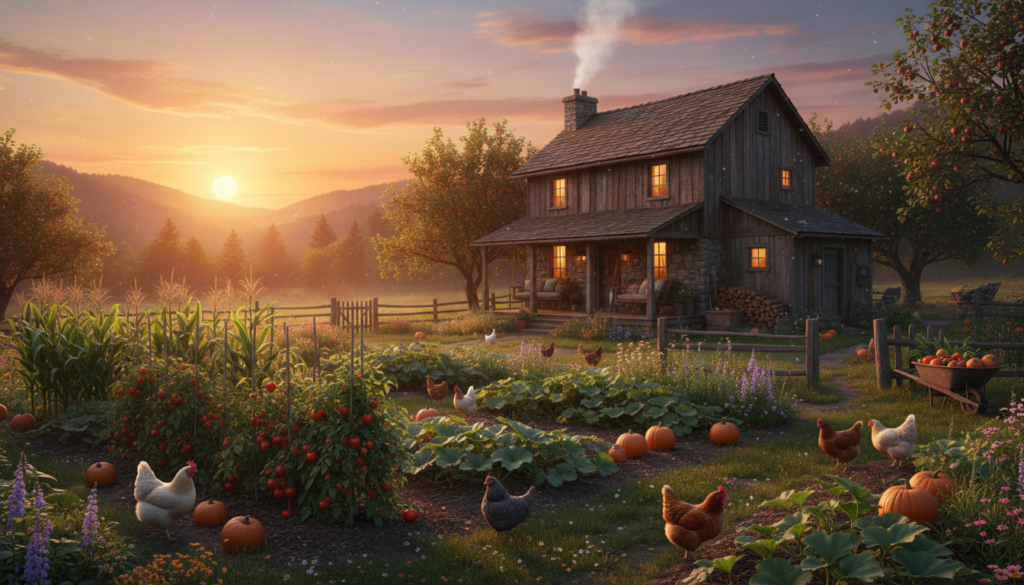 peaceful homestead at sunset showing completed projects