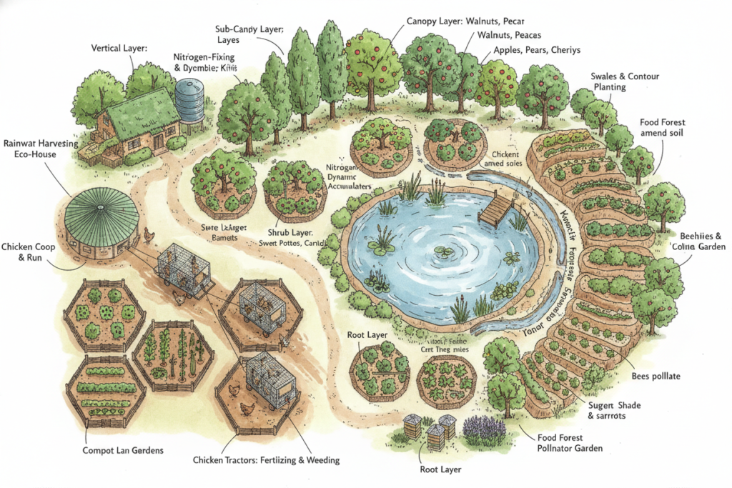 permaculture homestead showing guilds, food forest, and integrated systems