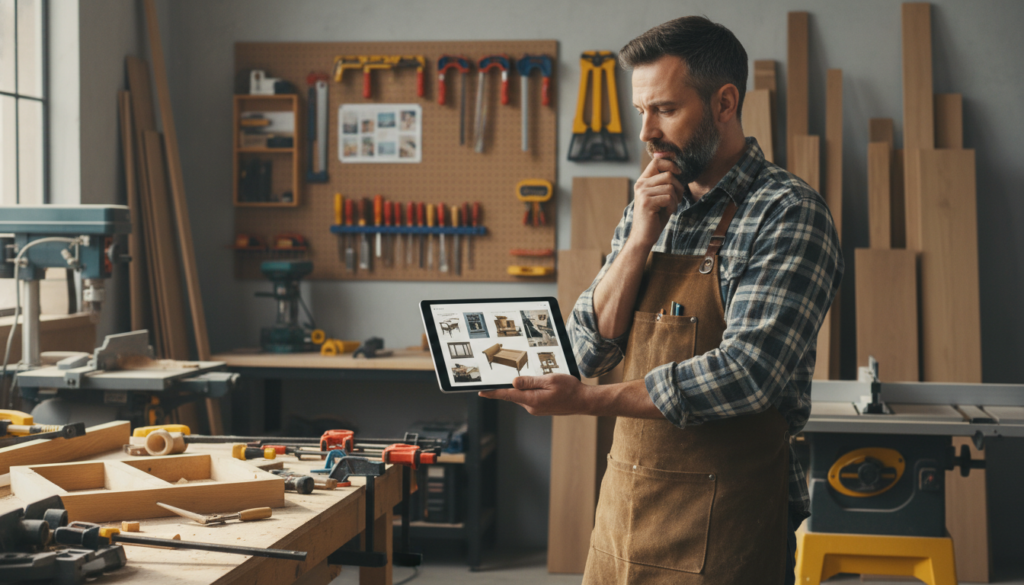 person browsing woodworking ideas on tablet in workshop