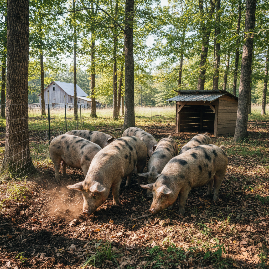pigs in pasture area of farm