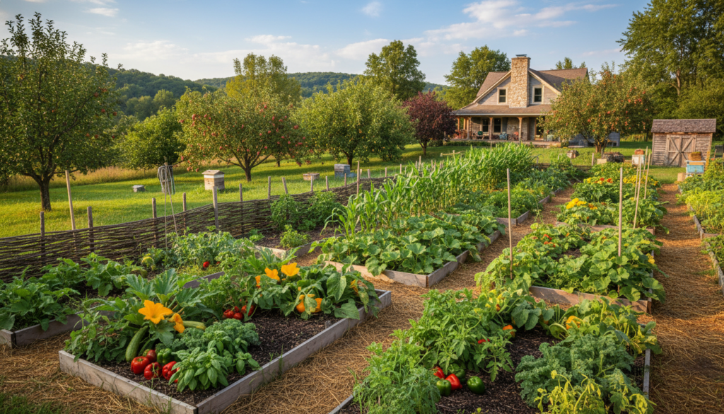 productive homestead garden with raised beds, row gardens, and fruit trees
