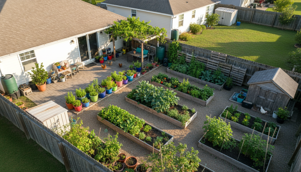 productive small suburban homestead with intensive gardens