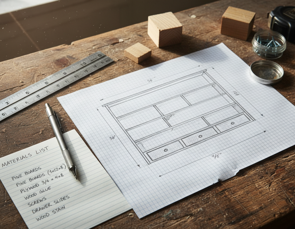 project planning sketch and materials list on workbench