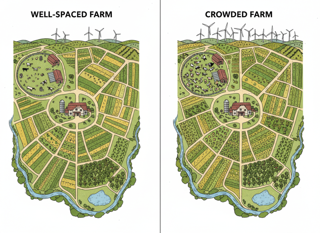 properly spaced farm layout versus crowded design