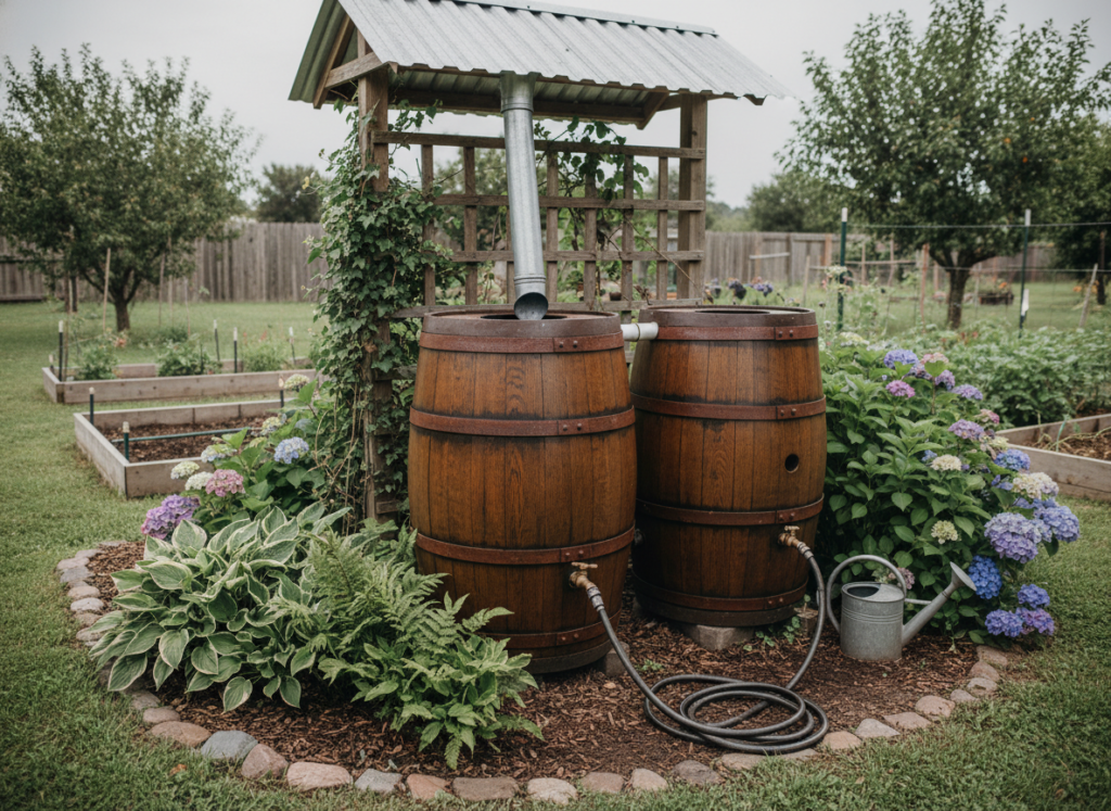 rain barrels collecting water from roof downspout