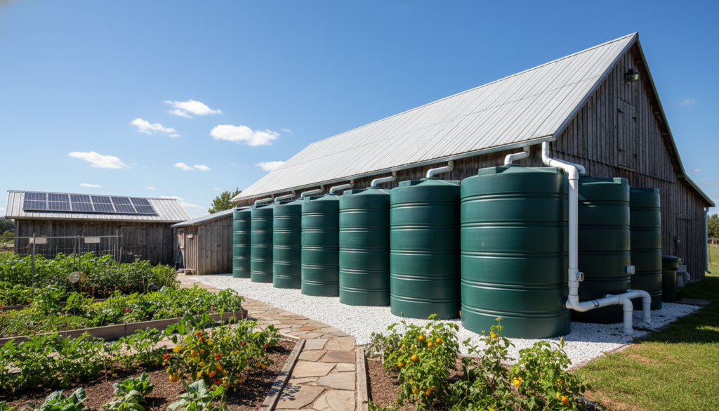 rainwater collection system with tanks on homestead property