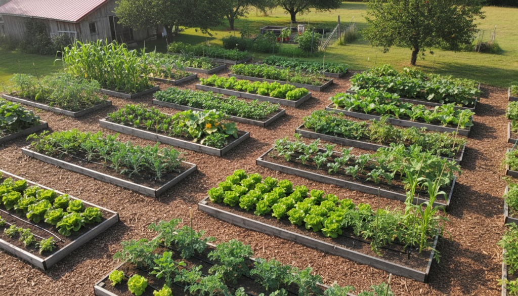 raised garden beds arrangement in homestead layout