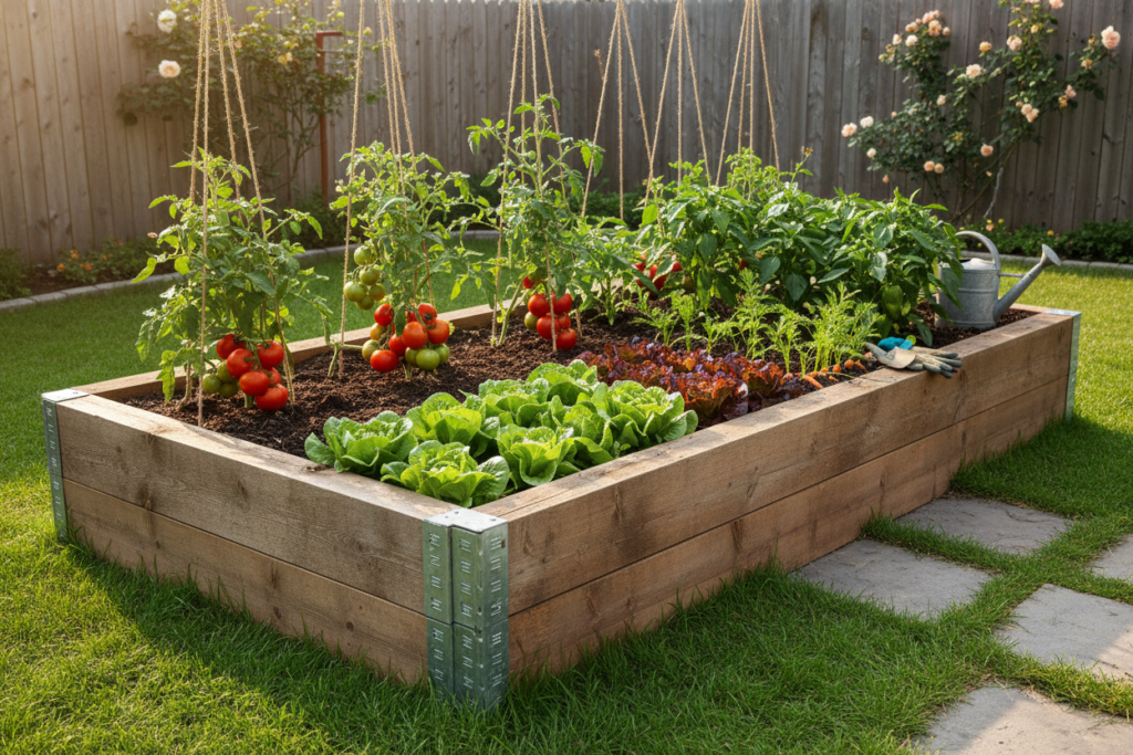raised wooden garden bed with vegetables growing