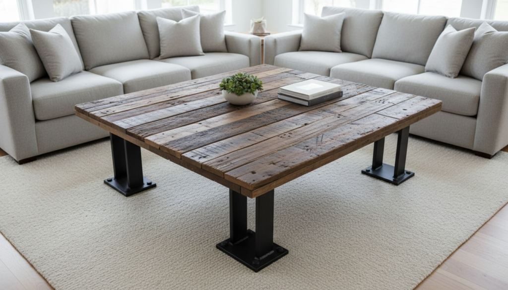 reclaimed wood coffee table in modern living room