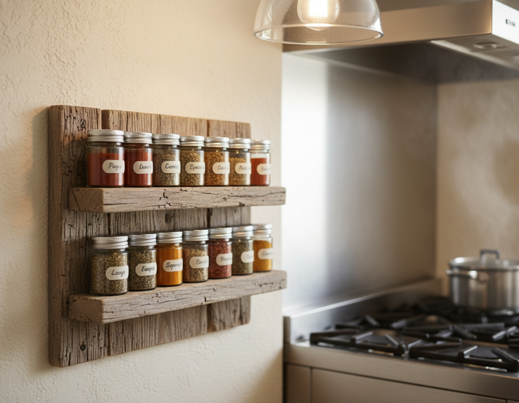 reclaimed wood kitchen spice rack with jars