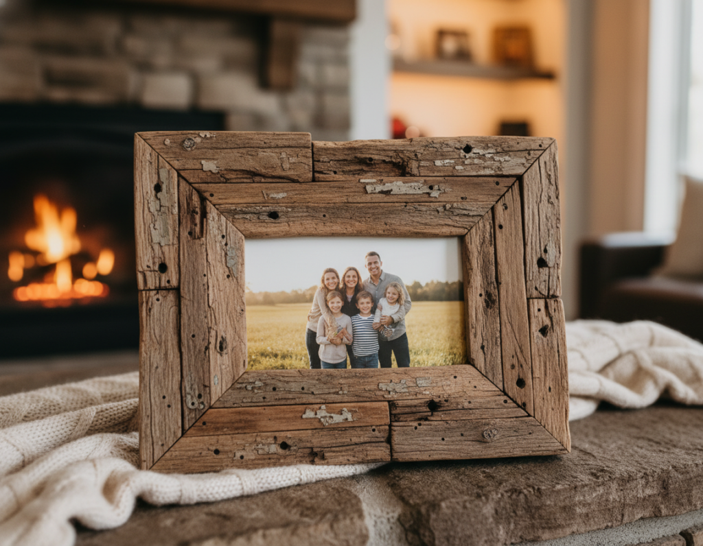 reclaimed wood picture frame displaying family photo