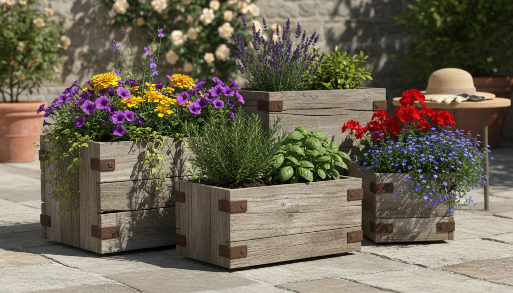 reclaimed wood planter boxes on outdoor patio
