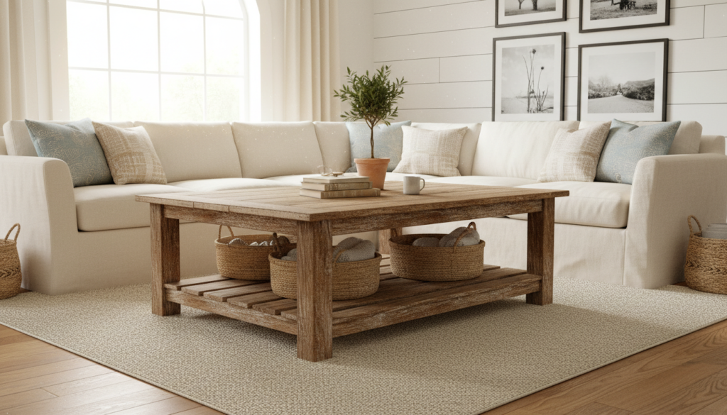 rustic farmhouse coffee table in living room with distressed wood finish