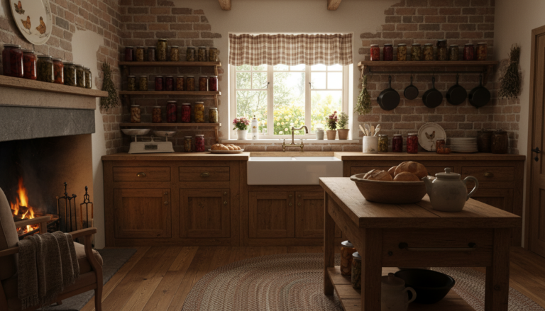 rustic homestead kitchen with wooden counters and traditional cooking tools