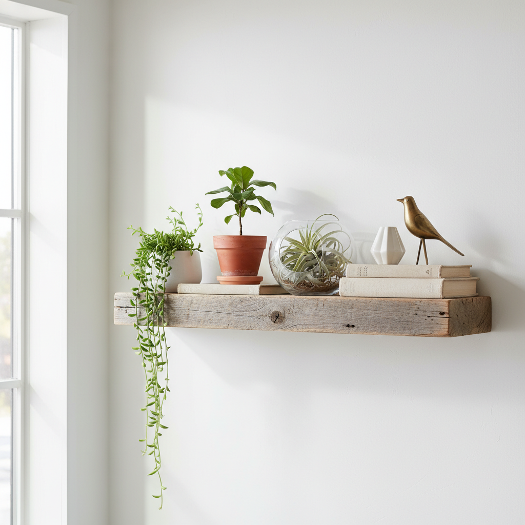 rustic reclaimed wood wall shelf displaying home decor items