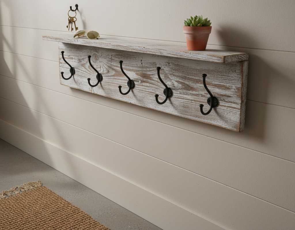 rustic wooden coat rack mounted on wall near entryway with hooks and shelf