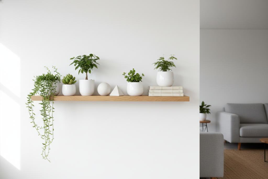 rustic wooden floating shelf mounted on white wall with plants