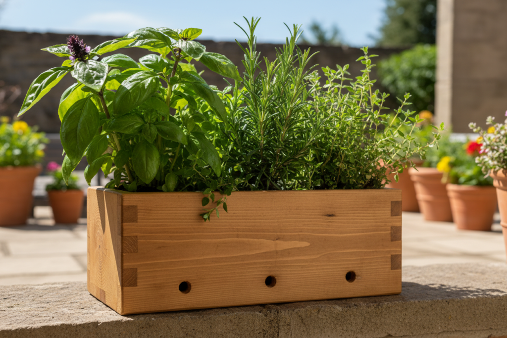 rustic wooden plant box with herbs growing