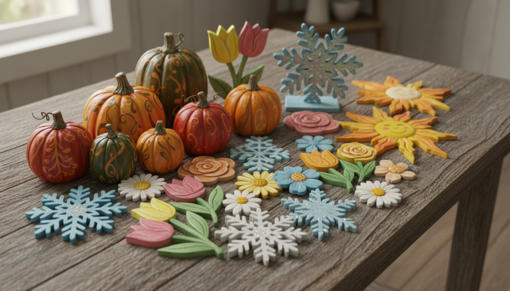 seasonal wooden decorations for different holidays