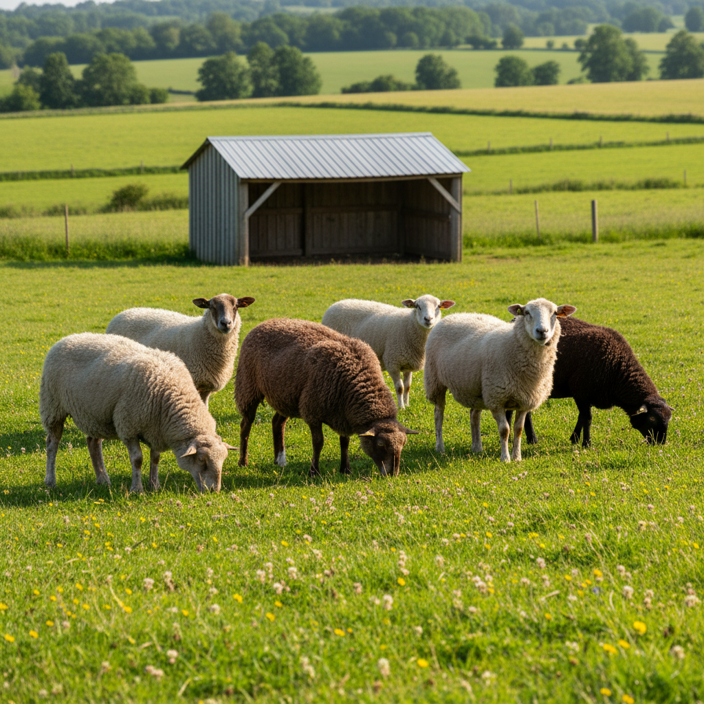 sheep flock on farm pasture