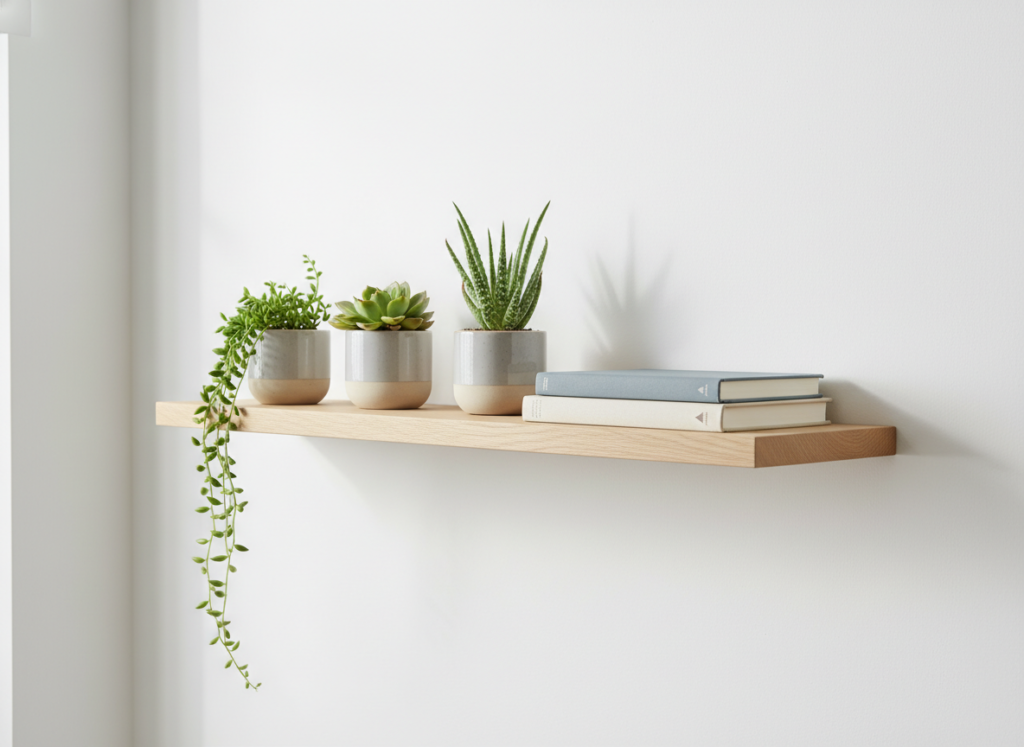 simple diy wood floating shelf mounted on white wall displaying plants and books