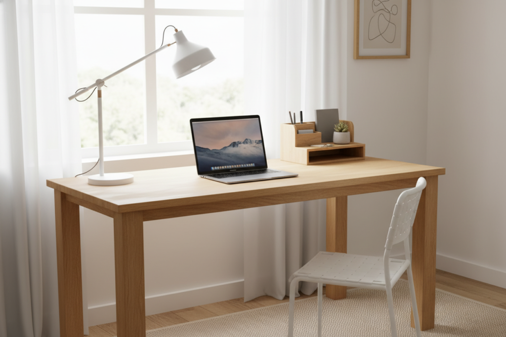 simple wooden desk in home office space