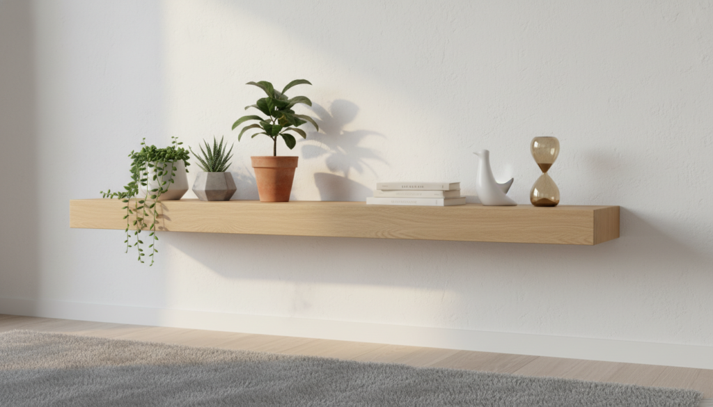 simple wooden shelf mounted on wall with decor items