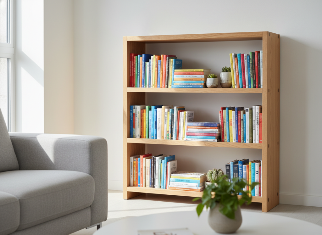 small wooden bookshelf with books displayed