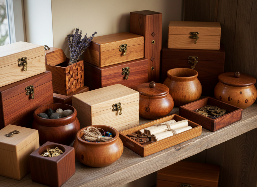 small wooden decorative boxes on shelf