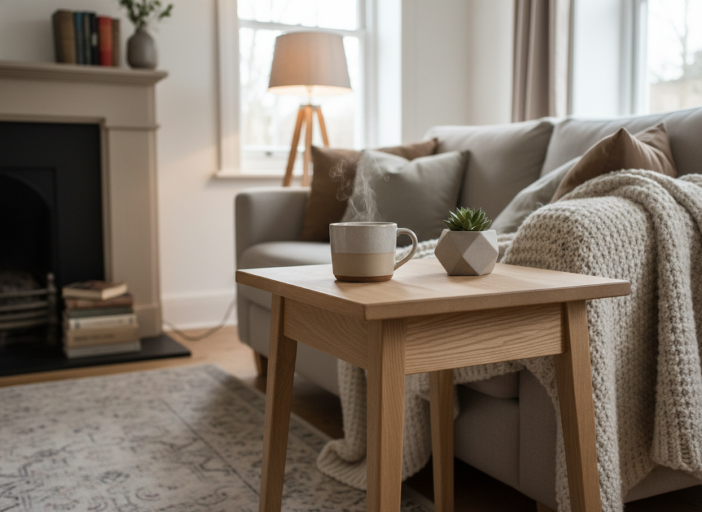 small wooden side table next to couch