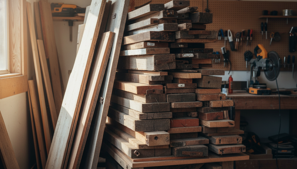 stack of reclaimed wood boards and lumber pieces ready for diy projects