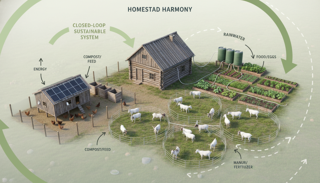 sustainable homestead showing integrated systems and resource cycling