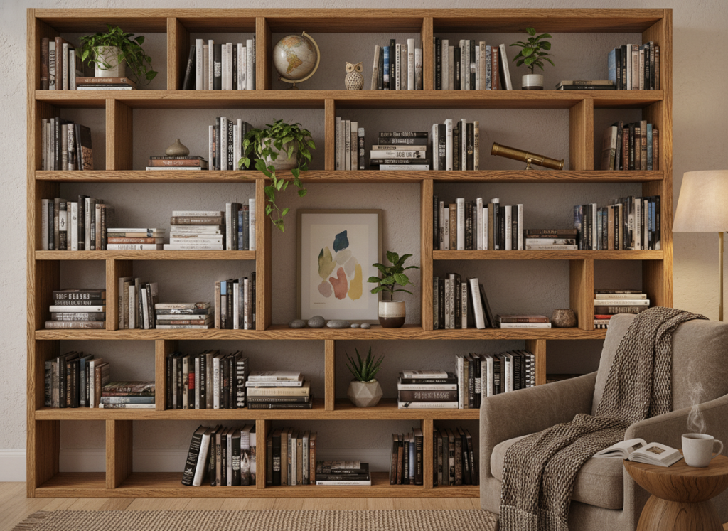 tall wooden bookshelf filled with books and decor