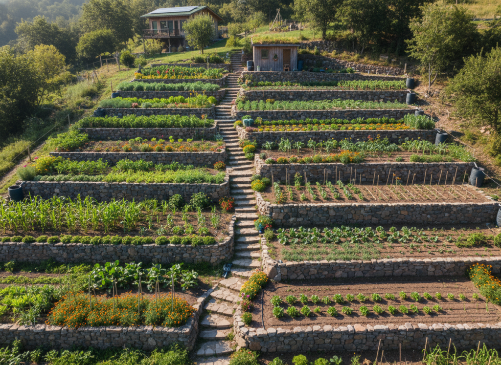 terraced hillside garden with multiple growing levels