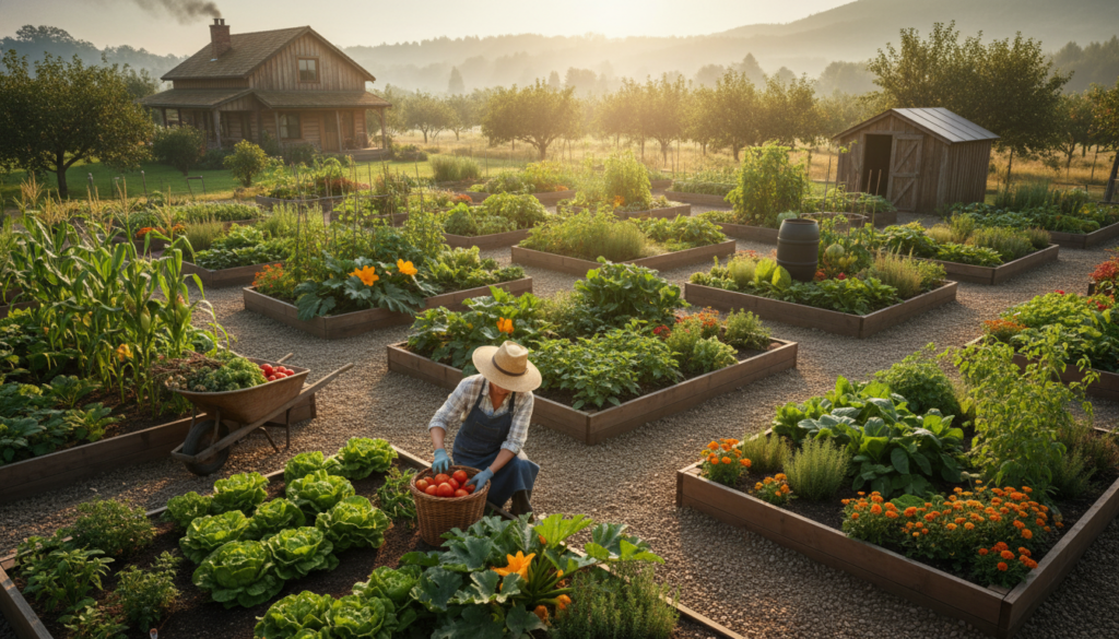 thriving established homestead garden with person harvesting