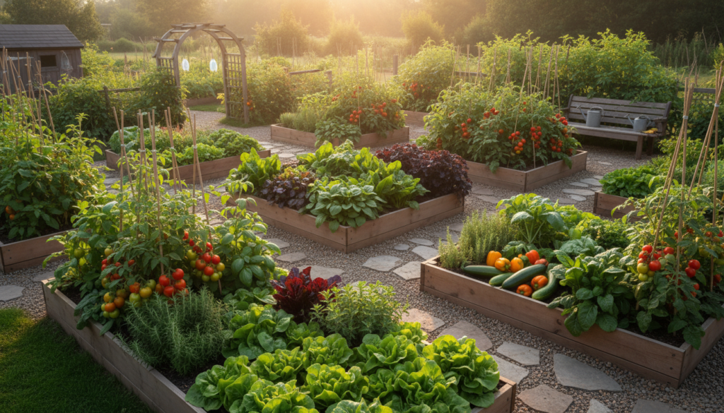 thriving vegetable garden with raised beds full of vegetables and herbs