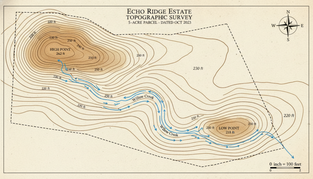 topographic map of 5 acre farm layout showing elevation changes