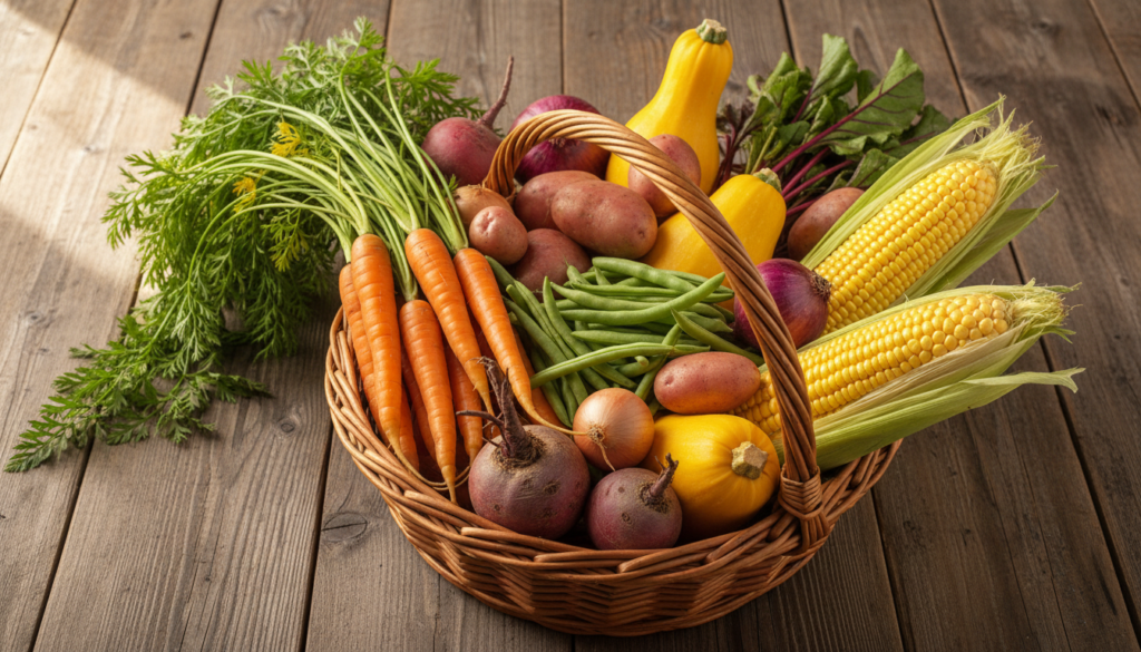 variety of fresh vegetables harvested from homestead garden