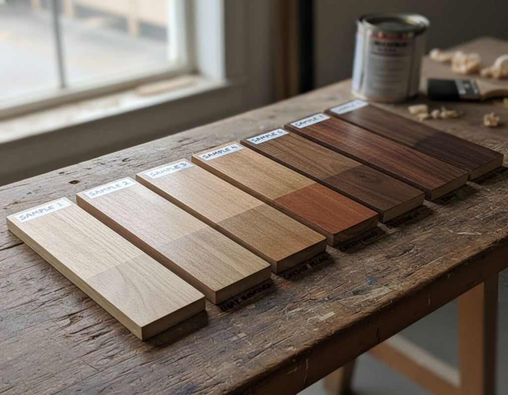 variety of wood stain samples on boards