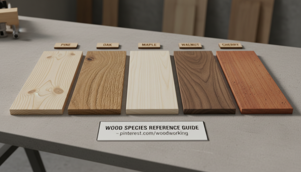 various wood board samples showing different species grain patterns and colors