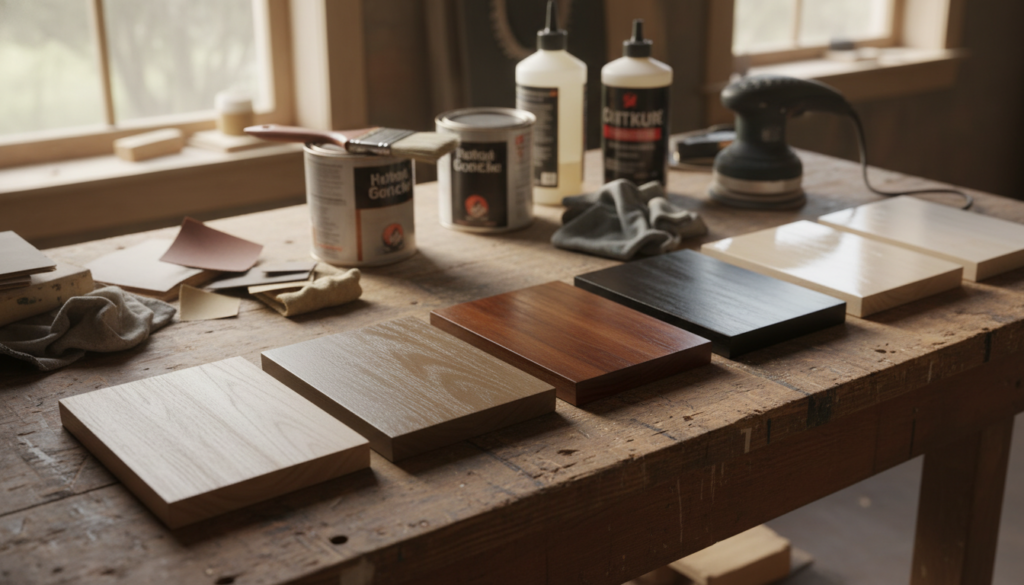 various wood finish samples showing different stains