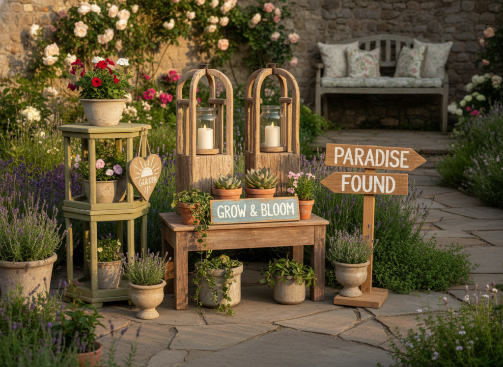 various wooden outdoor decorative items including lanterns and plant stands