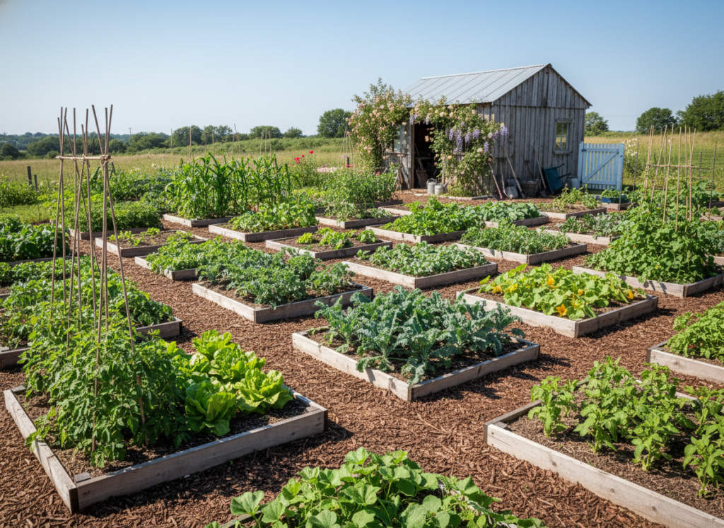 vegetable garden layout on 5 acre farm with raised beds