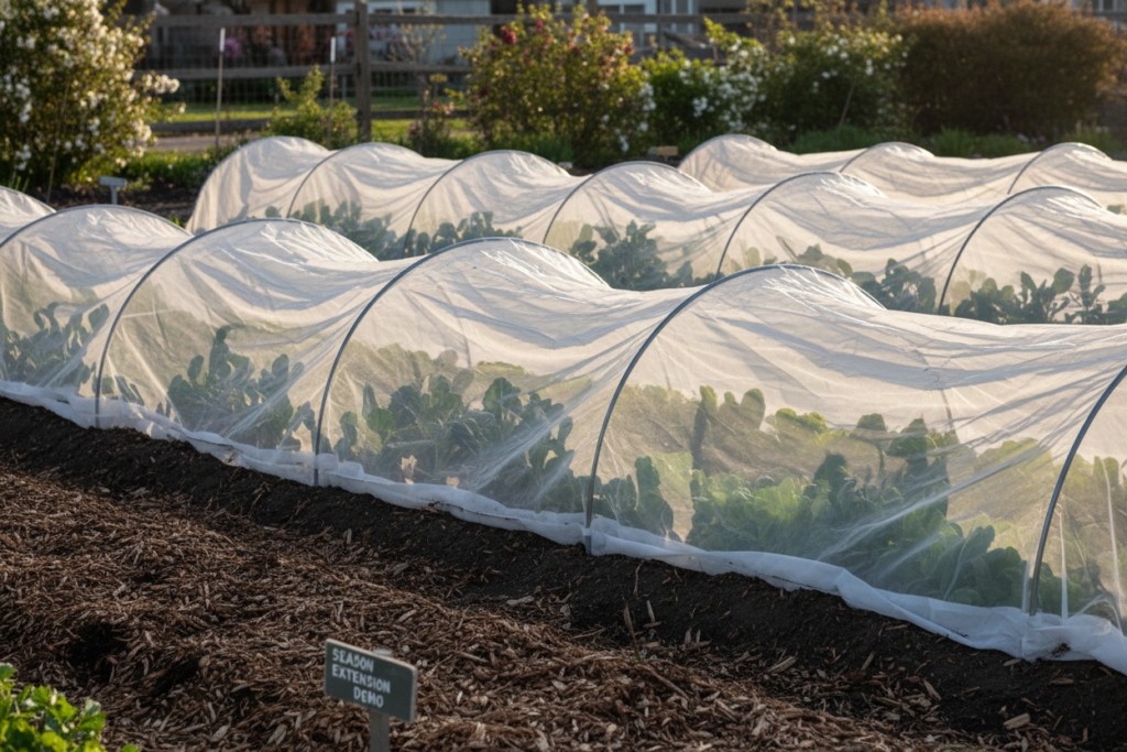 vegetables growing under row cover fabric