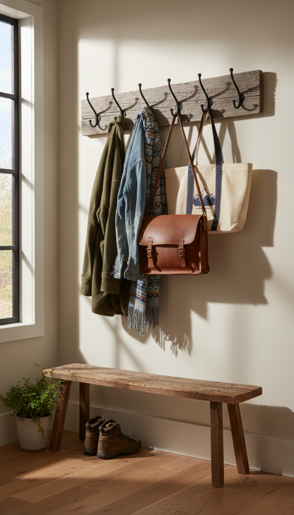 vertical wall-mounted reclaimed wood coat rack with hooks