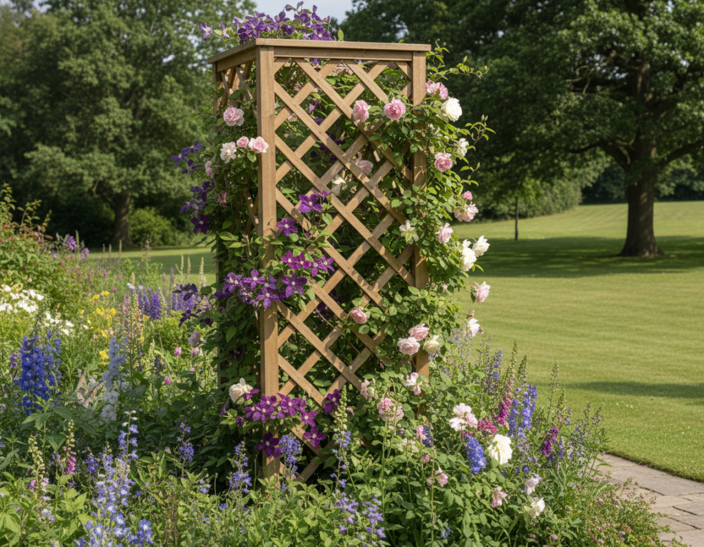 vertical wooden garden trellis with climbing plants