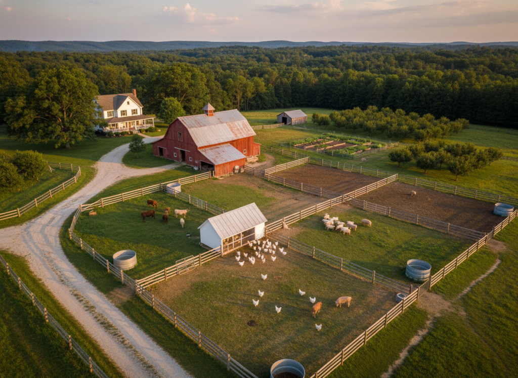 well-designed homestead with chicken coop, barn, and rotational grazing pastures