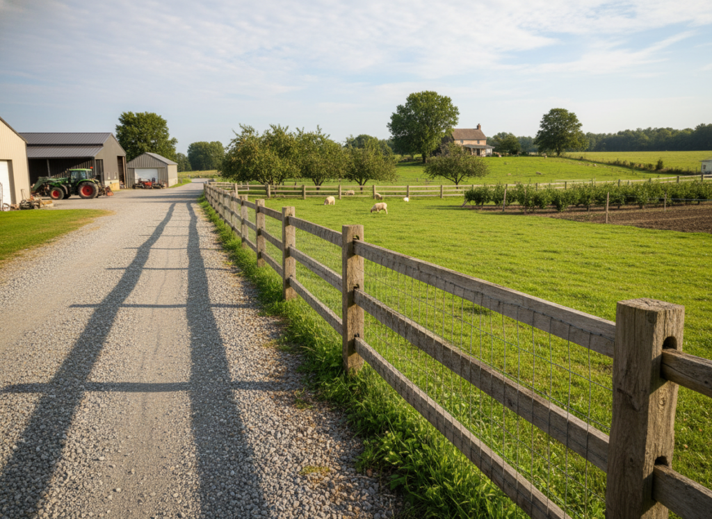 well-maintained fence line and access path on homestead