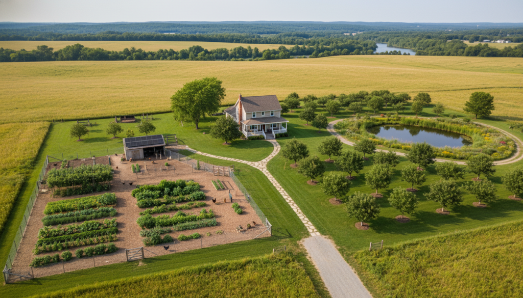 well-planned homestead aerial view showing organized zones