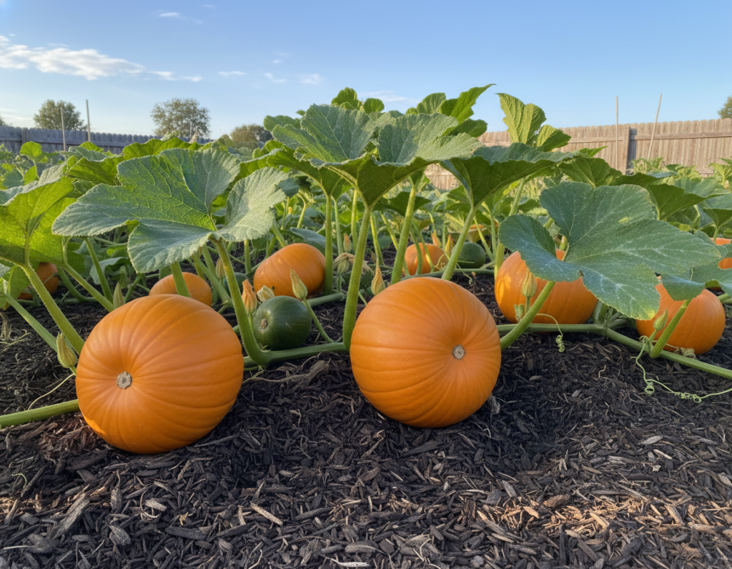 winter squash growing on vine in garden